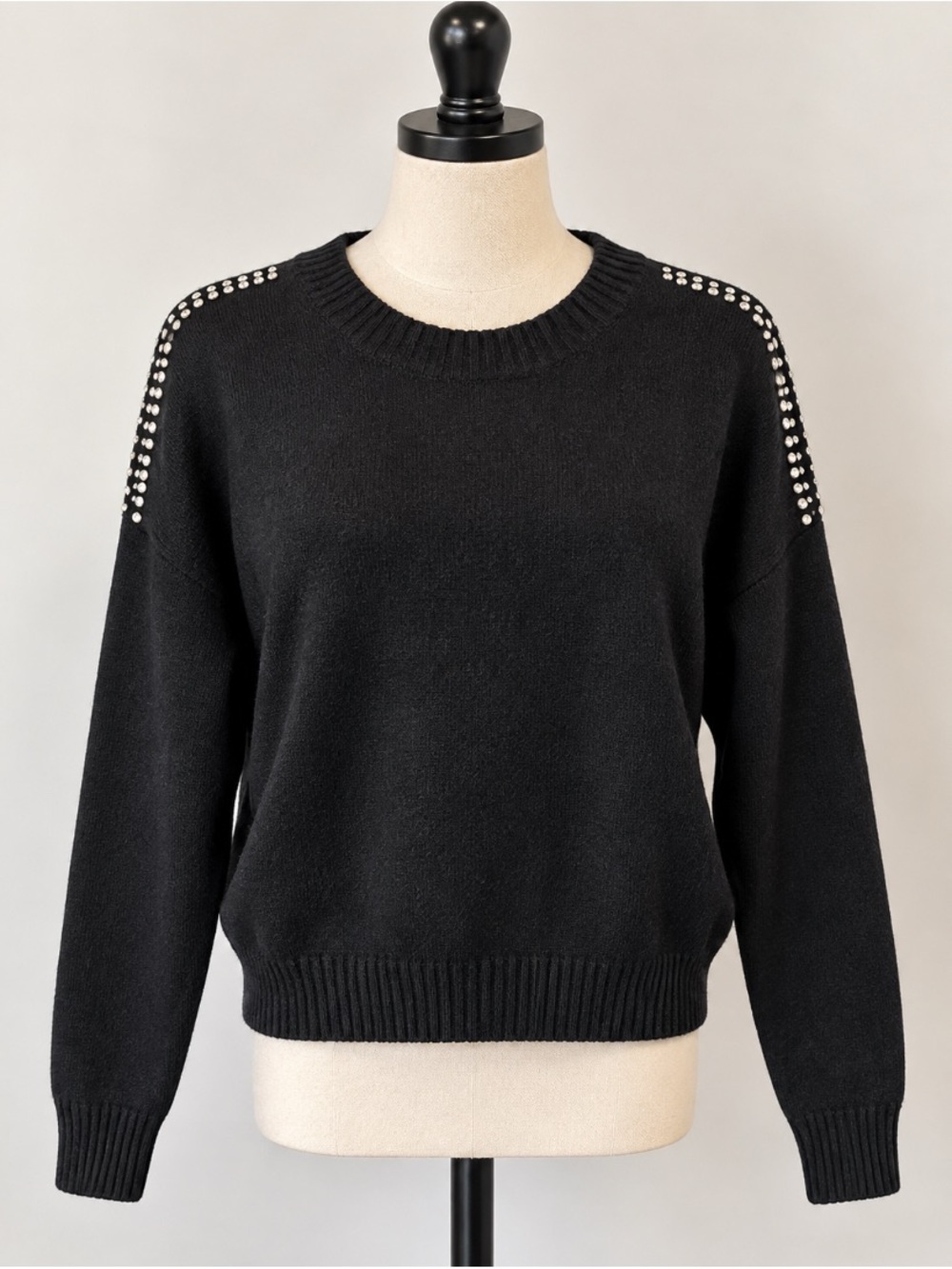 Express Black Crewneck Sweater with Silver Stud Shoulder Trim